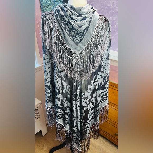 Maya Matazaro Chic SILK /Velvet Burnout Piano Shawl with Fringe - Black and Gray